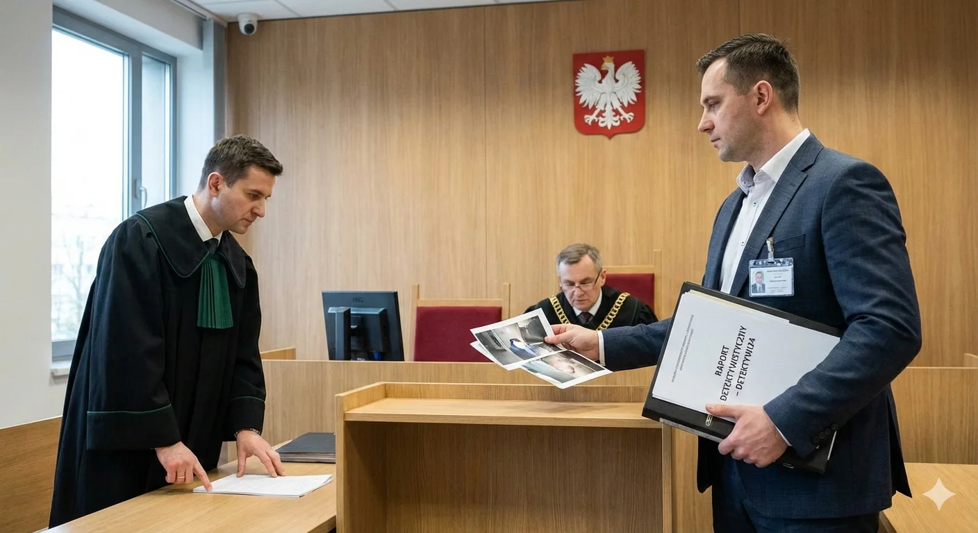 Detektyw Trójmiasto: przekazanie raportu detektywistycznego z dowodami na sali rozpraw