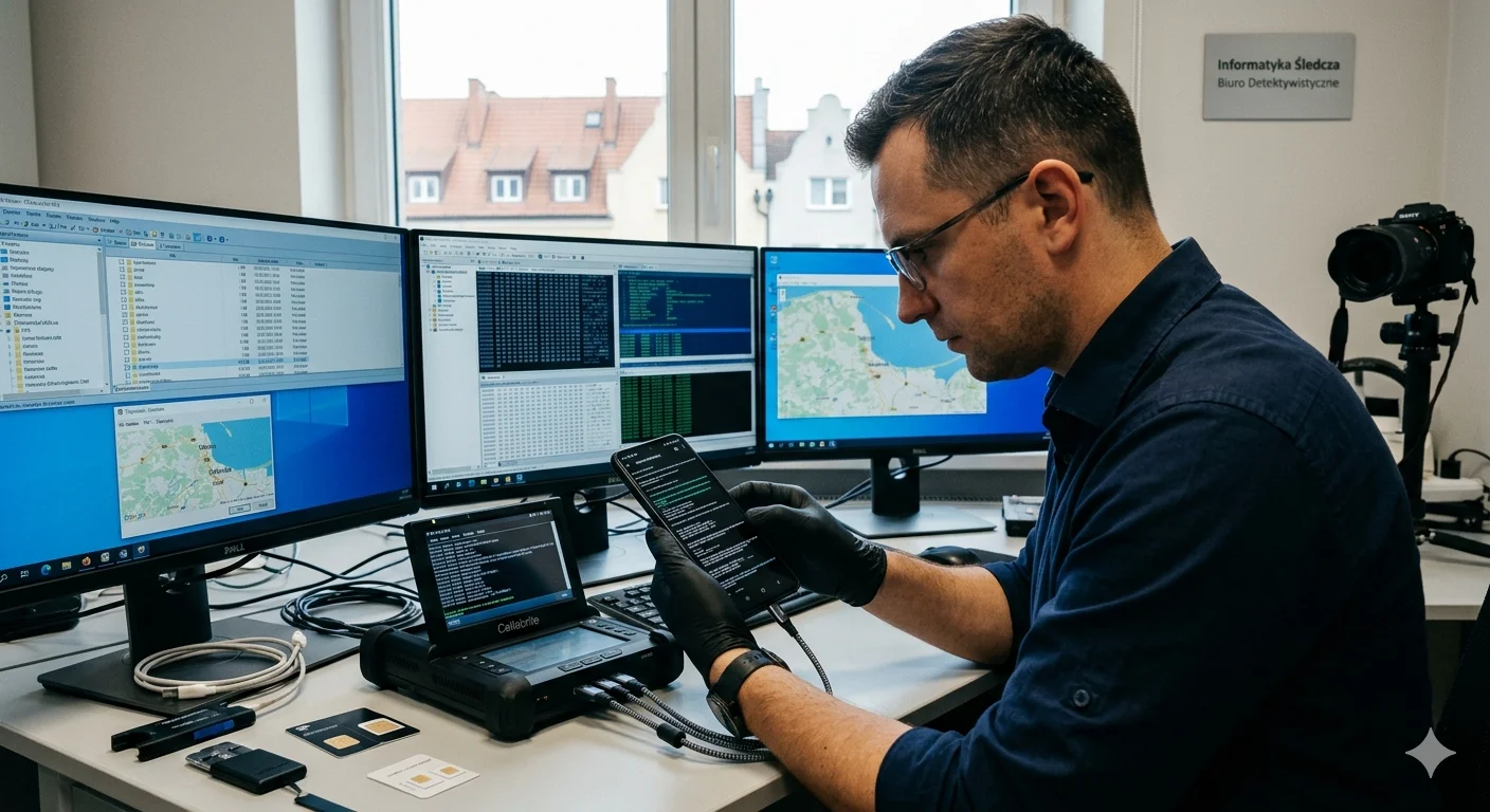 Analizy śledcze smartfonów w Gdańsku. Licencjonowany detektyw w rękawiczkach nitrylowych analizuje telefon podłączony do Cellebrite UFED w laboratorium informatyki śledczej. Na ekranach widoczne mapy Trójmiasta i logi systemowe. Tekst na ścianie: "Informatyka Śledcza / Biuro Detektywistyczne".