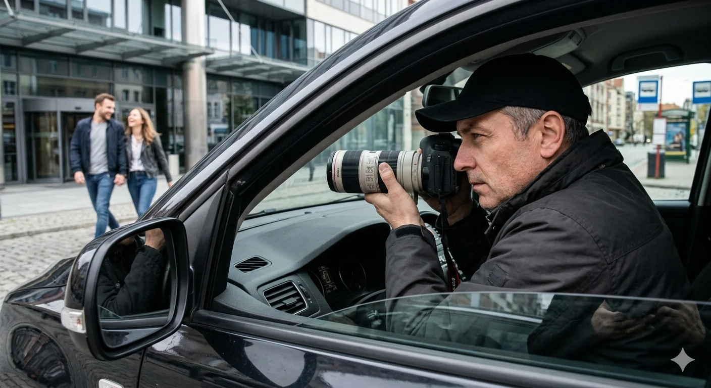 Prywatny detektyw w Gdańsku dokumentujący dowody zdrady do sądu podczas dyskretnej obserwacji z samochodu.