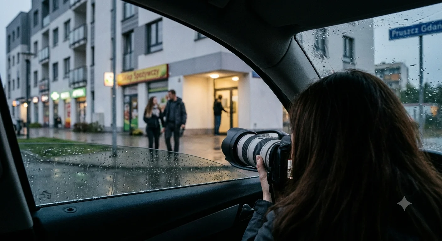 Prywatny detektyw w Tczewie widoczny od tyłu, prowadzi dyskretną obserwację i fotografuje parę w kawiarni przy użyciu profesjonalnego aparatu.