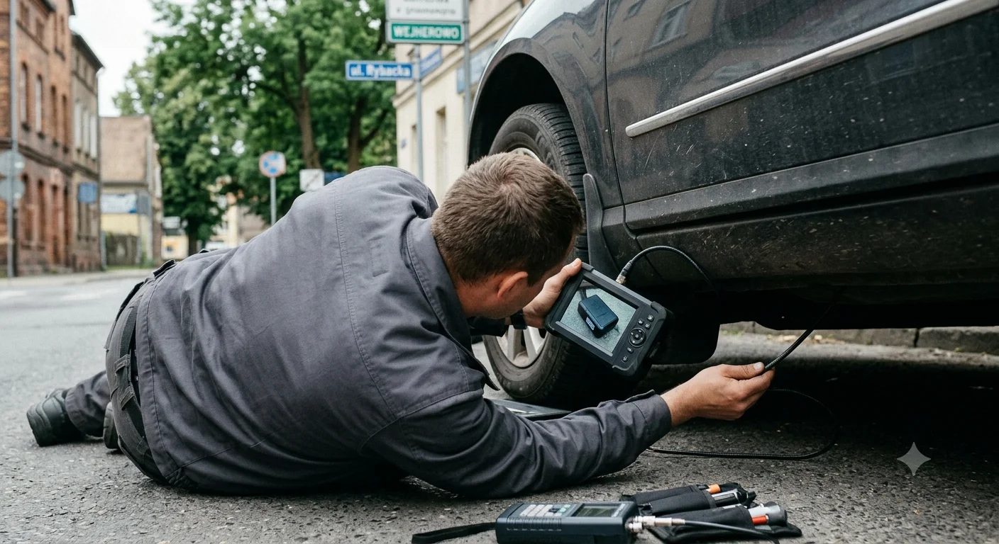 Detektyw techniczny w Wejherowie bada podwozie samochodu osobowego za pomocą kamery endoskopowej w celu wykrycia ukrytego lokalizatora GPS.