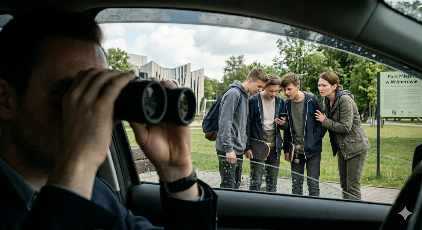 Prywatny detektyw watch z samochodu przez lornetkę grupę teenagers w Parku Miejskim w Wejherowie – profesjonalna obserwacja i monitoring dzieci w ramach ochrony rodziny.