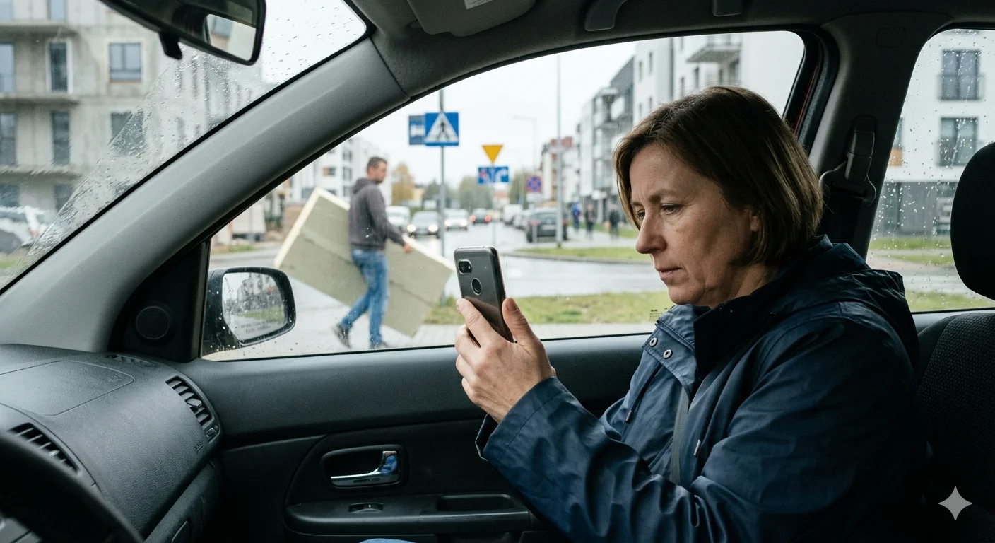 Prywatna detektyw z Rumi prowadząca dyskretną obserwację z samochodu przy użyciu smartfona, dokumentująca nieuczciwego pracownika na L4 na osiedlu Janowo.