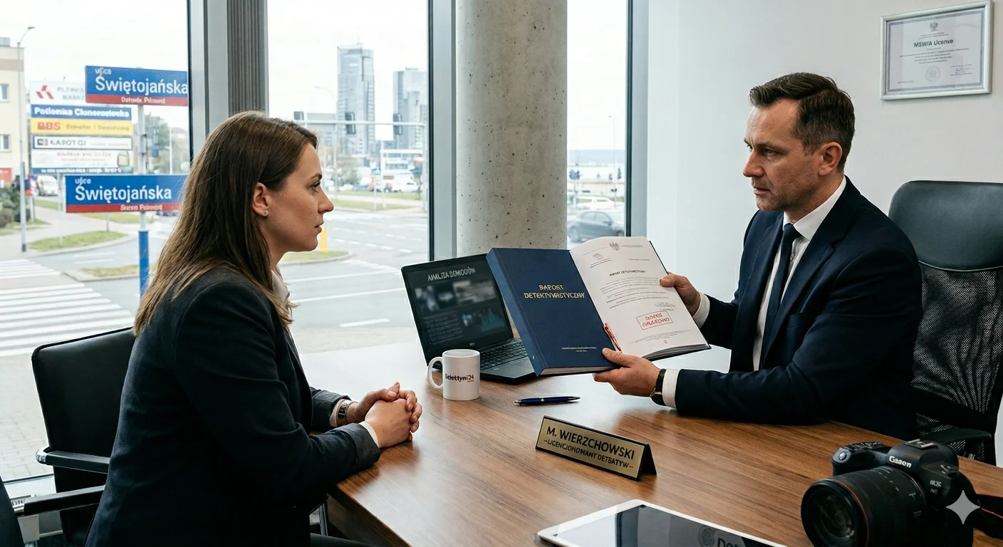 Prywatny detektyw w biurze w Gdyni przekazuje klientce raport detektywistyczny z dowodami do sprawy o rozwód i podział majątku. Profesjonalne usługi detektywistyczne Trójmiasto.