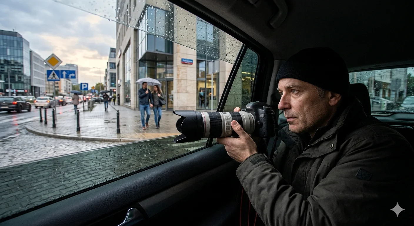 Prywatny detektyw w Gdyni prowadzący obserwację osób w dzielnicy Orłowo, dokumentujący dowody niewierności.